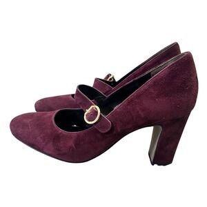 Paul Green Mary Jane Heels Women's 8 Burgundy Suede Block Heel Pumps Gold Buckle